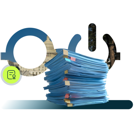 Stack of papers, Nerdio glasses with photo of government building inlay