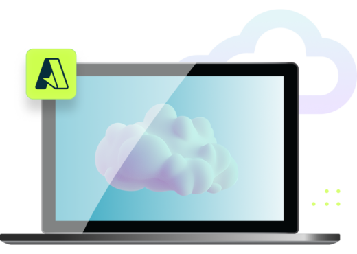 white cloud on laptop screen, Microsoft Azure Virtual Desktop logo in green square, blue cloud