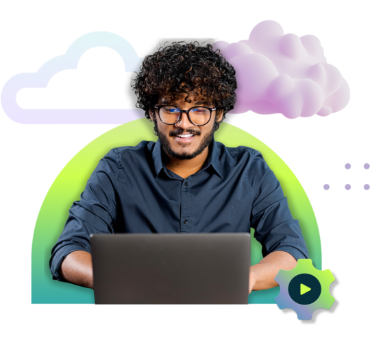 Man with glasses working on a laptop, purple clouds, green and purple gear icon