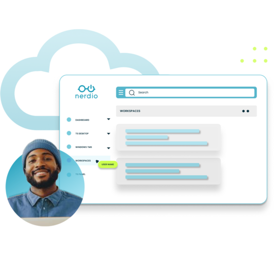 Nerdio dashboard, blue cloud outline, photo of man in collared shirt and knit hat