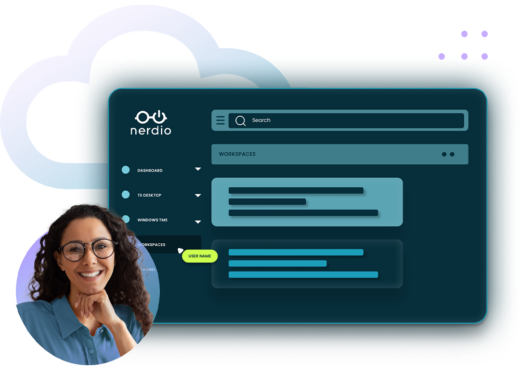Nerdio dashboard, blue and purple cloud outline, circular image of woman with glasses