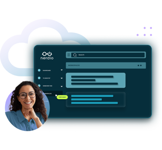 Nerdio dashboard, blue and purple cloud outline, circular image of woman with glasses
