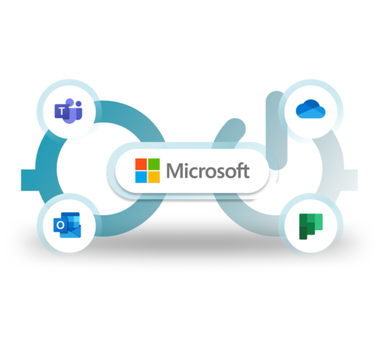 blue Nerdio glasses, Microsoft logo, Microsoft Teams logo, Microsoft Outlook logo, Microsoft OneDrive logo, Microsoft Links logo