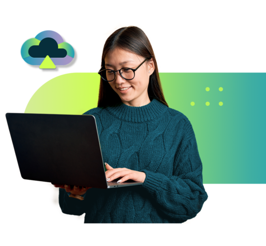 Woman in glasses working on laptop, green and blue background, blue, purple, and green cloud icon