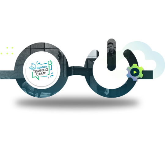 Nerdio glasses logo filled with photo of man, training camp logo, blue and green gear icon, blue cloud outline
