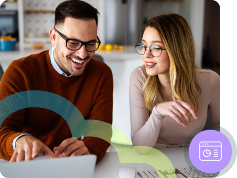 Man and woman with glasses looking at laptop, blue and green cloud outline, purple circle with dashboard icon