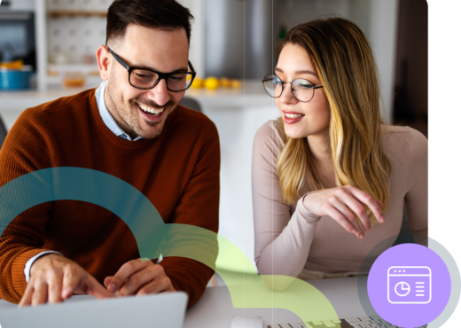 Man and woman with glasses looking at laptop, blue and green cloud outline, purple circle with dashboard icon