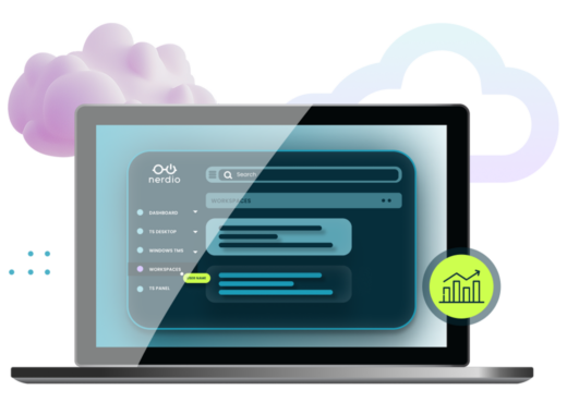 Nerdio dashboard on laptop display, purple cloud, blue and purple cloud outline, green circle with bar chart icon