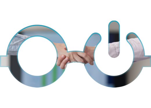Nerdio logo outline with photograph of handshake in glasses shape