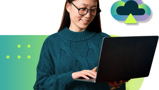 girl on laptop with a cloud image in background