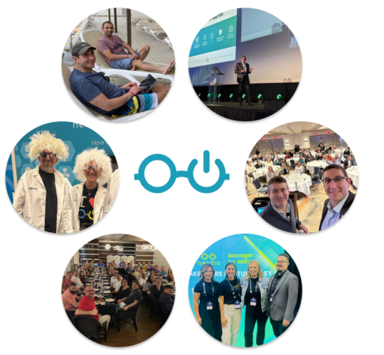 Six circles filled with photos of Nerdio team, blue Nerdio glasses
