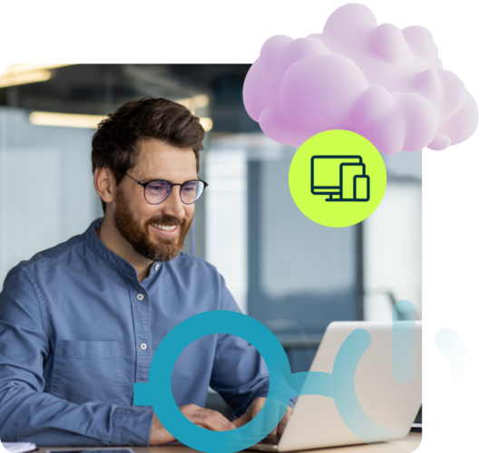 man with glasses working on laptop with purple cloud, Nerdio logo, and computer icon