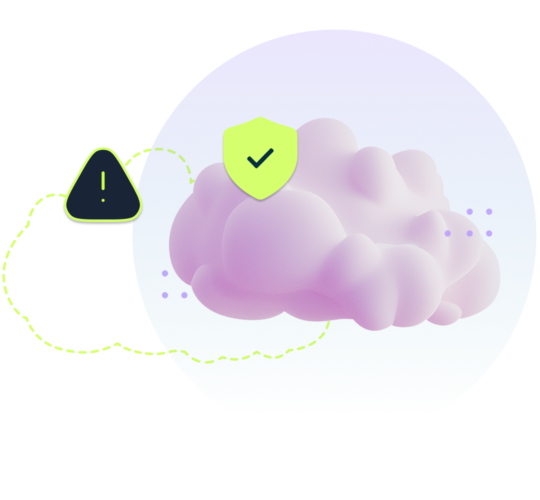 purple cloud with green check mark, green cloud outline with caution triangle