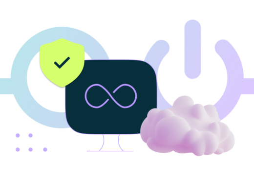 infinity symbol on display monitor, blue and purple Nerdio logo, purple cloud, check mark in green shield icon