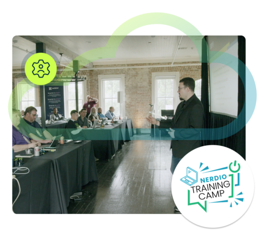 man presenting to room of people sitting at tables, white circle with Training Camp logo, green circle with gear icon, blue and green cloud outline