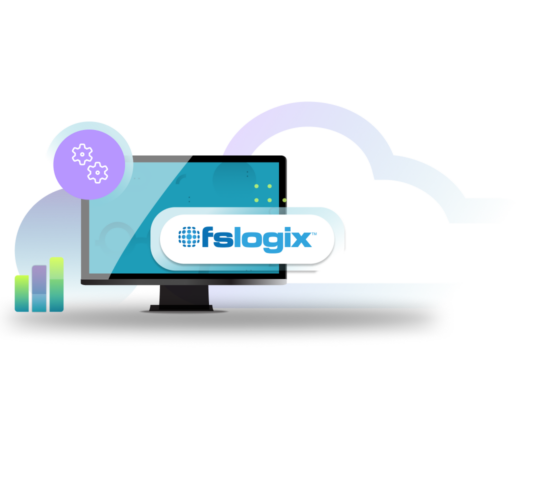 FSLogix logo, blue display monitor, purple circle with gear icons, blue, green, and purple bar chart, purple and blue cloud outline
