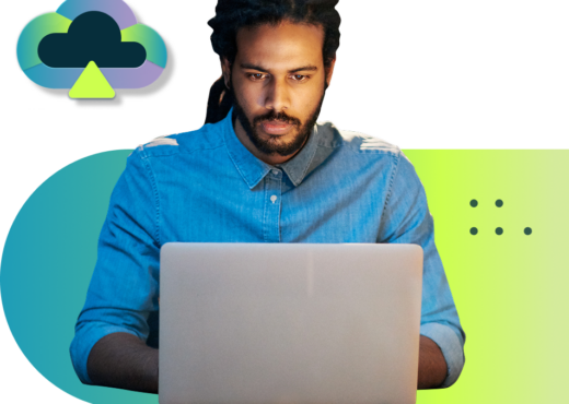 Man working on laptop, green and blue gradient background, blue, green, and purple cloud icon