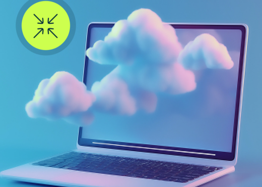 Laptop with clouds, green circle with arrow icon