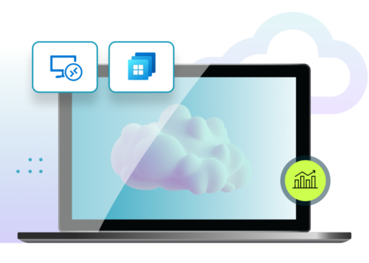 Laptop display with blue and purple cloud, green circle with bar graph icon, Microsoft Azure Virtual Desktop and Windows 365 logos