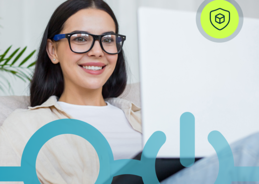 Woman with glasses working on a laptop, blue Nerdio glasses overlay, and green circle with shield icon