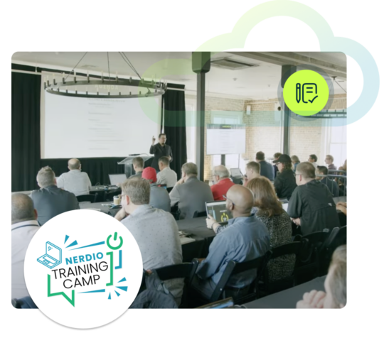 Man presenting to room of people, white circle with training camp logo, green circle with pencil and paper icon, green and blue cloud outline