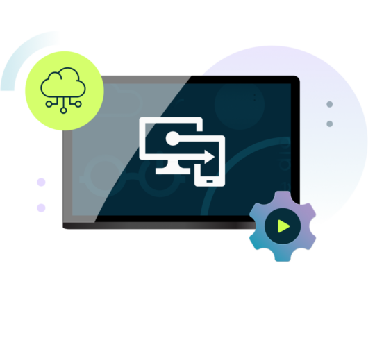 tablet display with connected desktop and cellphone icon, purple and blue gear icon with play button, green circle with cloud icon