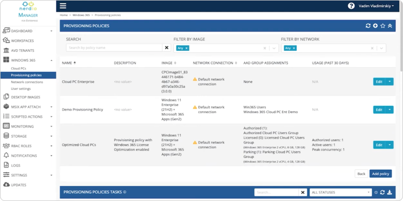 A screenshot of Nerdio Manager for Windows 365, showing its dashboard and management features, such as automated deployment, cost optimization tools, and security settings.