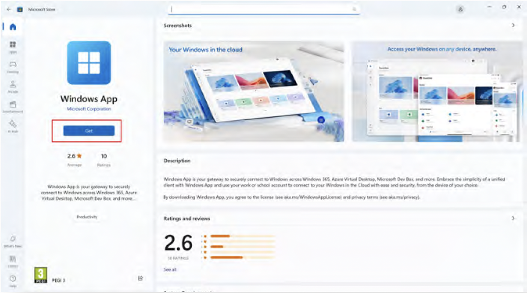 Windows App installed screen