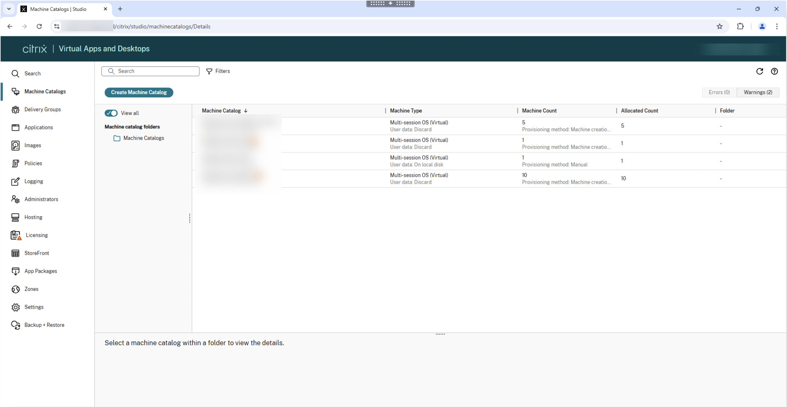 Citrix Machine Catalog Dashboard
